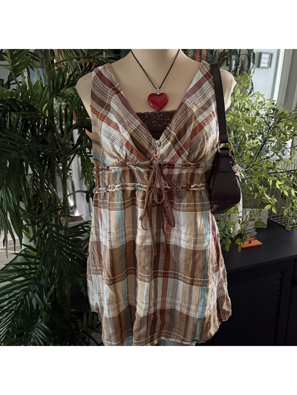 y2k boho plaid babydoll tunic top